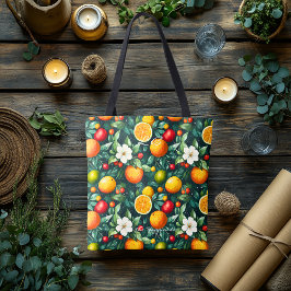 Trillende citrus en witte bloesems met initialen tote bag