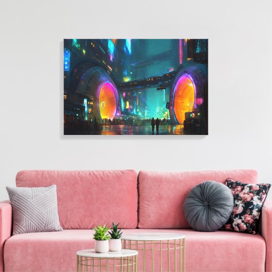 Trillende Cyberpunk Stadsgezicht met Bogen Canvas Afdruk (Insitu (Woonkamer))