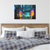 Trillende Cyberpunk Stadsgezicht met Bogen Canvas Afdruk (Insitu (Slaapkamer))