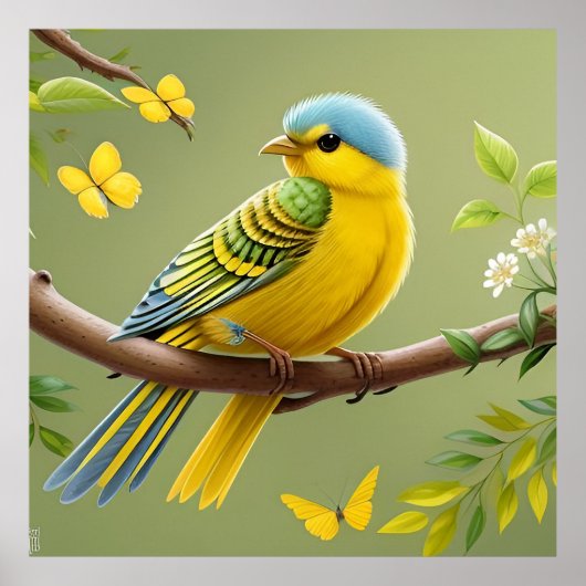 Trillende Gele Vogel op Tak Poster (Voorkant)