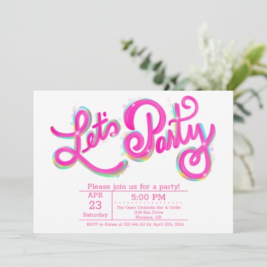 Trillende horizontale roze iriserende Let's Party Kaart (Staand voorkant)