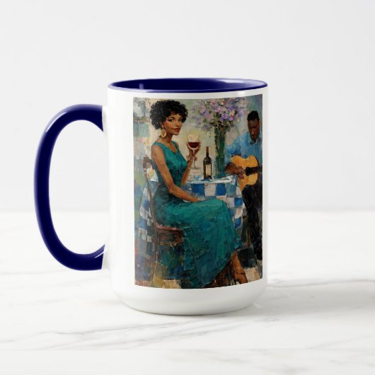 Trillende Jazzvrouw Teal Bistro Kunst Mok (Links)