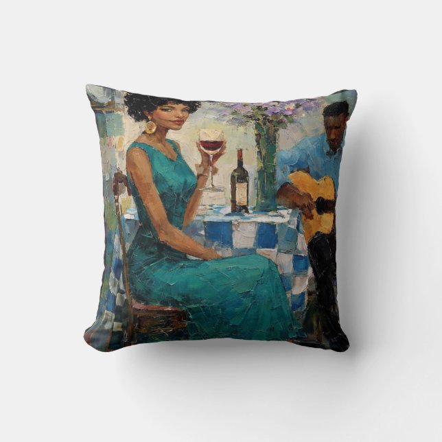 Trillende Jazzvrouw Turquoise Bistro Kunst Kussen (Voorkant)