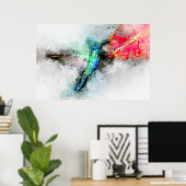 Trillende Kolibrie Aquarel Bloem Kunstprint Poster (Thuiskantoor)