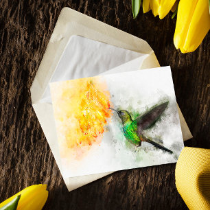 Trillende Kolibrie en Gele Bloem Aquarel Briefkaart