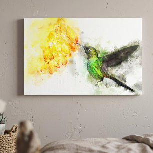 Trillende Kolibrie en Gele Bloemige Waterverfschil Canvas Afdruk