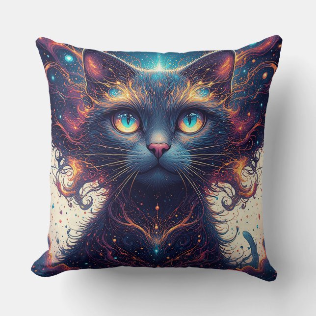 Trillende Kosmische Kat met Gloeiende Ogen Kussen (Voorkant)