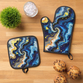 Trillende kronkels van blauw en goud 1 ovenwant & pannenlap set