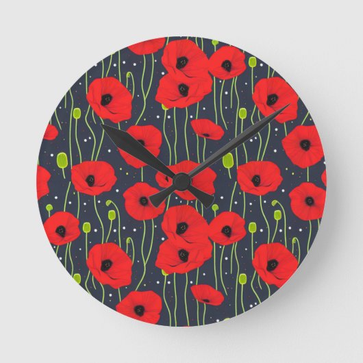 Trillende moderne rode klaprozenpatroon kunst ronde klok (Voorkant)