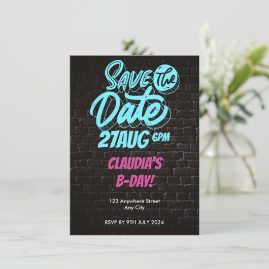 Trillende Neon Bakstenen Muur Verjaardag Save the  Kaart (Staand voorkant)