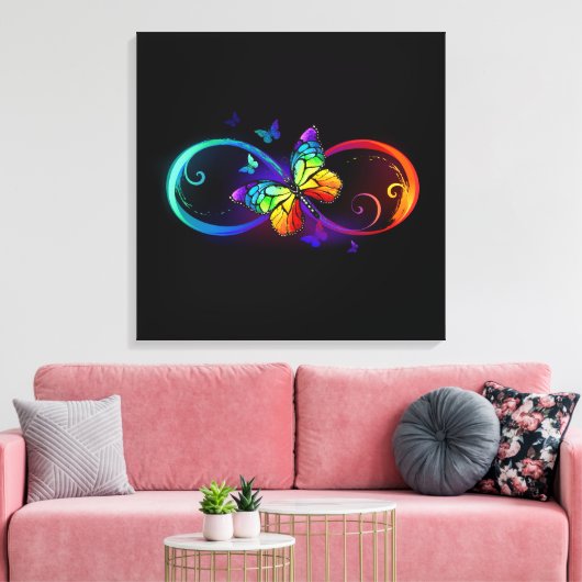 Trillende oneindigheid met regenboogvlinder op zwa canvas afdruk (Insitu (Woonkamer))