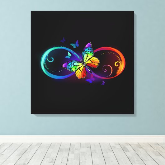 Trillende oneindigheid met regenboogvlinder op zwa canvas afdruk (Insitu (Houten vloer))