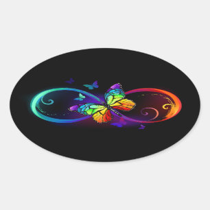 Trillende oneindigheid met regenboogvlinder op zwa ovale sticker