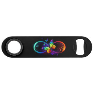 Trillende oneindigheid met regenboogvlinder op zwa speed flessenopener