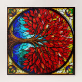 Trillende Rode Boom Glas-in-Lood Kunst Legpuzzel (Horizontaal)