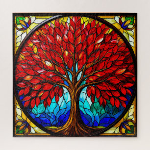 Trillende Rode Boom Glas-in-Lood Kunst Legpuzzel