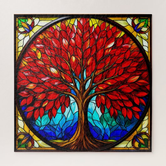 Trillende Rode Boom Glas-in-Lood Kunst Legpuzzel (Verticaal)
