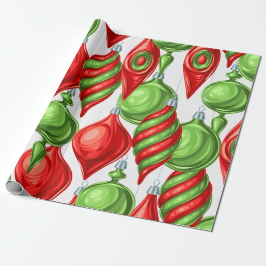  trillende rode en groene kerstsieraden cadeaupapier (Uitgerold)