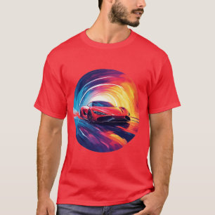 Trillende rode sportwagen in een dynamisch spiraal t-shirt