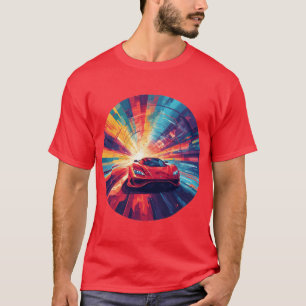 Trillende rode sportwagen in een dynamisch spiraal t-shirt