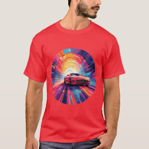 Trillende rode sportwagen in een dynamisch spiraal t-shirt