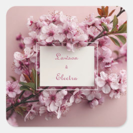 Trillende Roze Kersenbloesem Witte Frame Trouwdag Vierkante Sticker