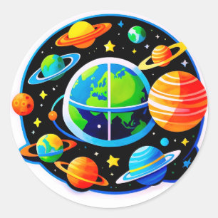 Trillende ruimtebol met planeten ronde sticker