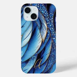 Trillende saffierblauwe gouden veren met monogram iPhone 15 case