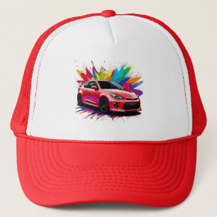 Trillende sportwagen met een vleugje kleuren trucker pet