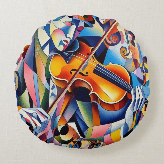 Trillende Symfonie: Abstracte Violist Kunst Rond Kussen (Voorkant)
