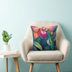 Trillende Tropische Kolibrie en Orchidee Kussen