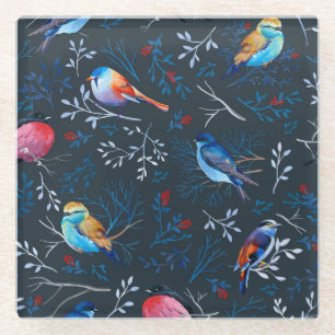 Trillende Vogels: Gouache Donkere Elegantie Glazen Onderzetter