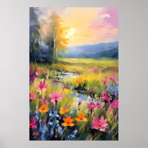 Trillende Wilde Bloemenweide bij Zonsondergang Poster