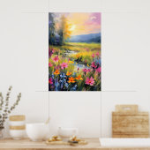 Trillende Wilde Bloemenweide bij Zonsondergang Poster (Keuken)
