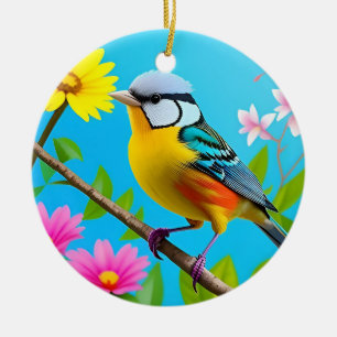 Trillende zangvogel op een bloeiende tak keramisch ornament