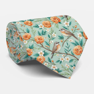 Trillende Zangvogels Oranje Bloemen Groene Bladere Stropdas