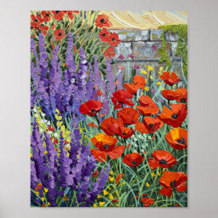 Trillende Zomer Klaproos en Lavendel Tuin Olieverf Poster