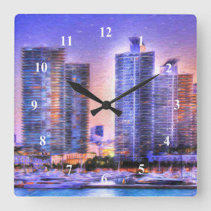 Trilliante Miami Skyline Zonsopgang Vierkante Klok