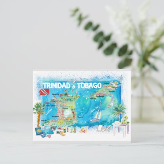 Trinidad & Tobago Antilles Illustrated Travel Map Feestdagenkaart (Staand voorkant)