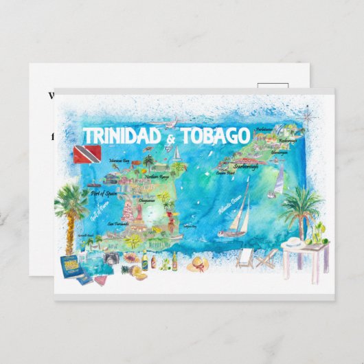 Trinidad & Tobago Antilles Illustrated Travel Map Feestdagenkaart (Voorkant / Achterkant)