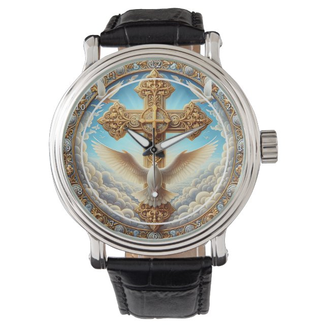 Trinity Duif Kruis Gouden Wand Horloge (Voorkant)