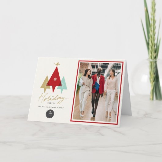 Trio bomen vogel en vakantie juichen moderne zaken feestdagen kaart (Voorkant)