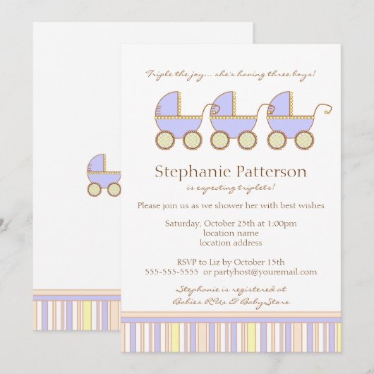 Trio Carriage Triplet Baby Boys Showuitnodiging Kaart (Voorkant / Achterkant)