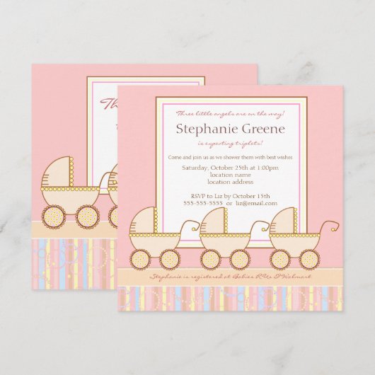 Trio Carriage Triplet Girl Baby shower Invitation Kaart (Voorkant / Achterkant)