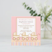Trio Carriage Triplet Girl Baby shower Invitation Kaart (Staand voorkant)