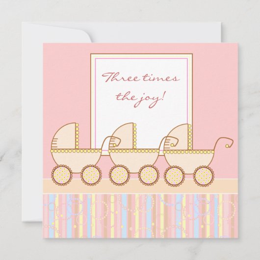 Trio Carriage Triplet Girl Baby shower Invitation Kaart (Achterkant)