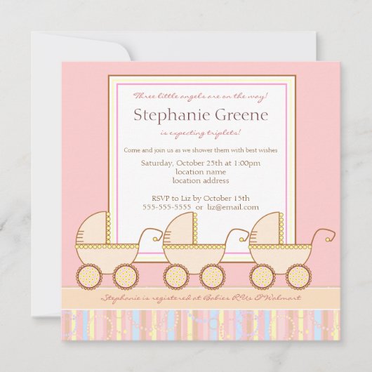 Trio Carriage Triplet Girl Baby shower Invitation Kaart (Voorkant)