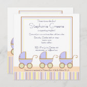 Trio Carriage Triplets Boy Baby shower Invitation Kaart (Voorkant / Achterkant)