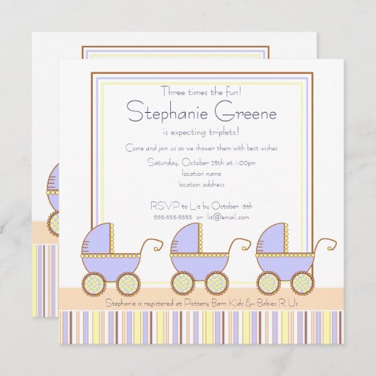 Trio Carriage Triplets Boy Baby shower Invitation Kaart (Voorkant / Achterkant)