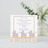 Trio Carriage Triplets Boy Baby shower Invitation Kaart (Staand voorkant)